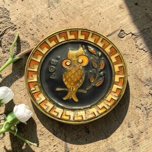 VINTAGE HANDMADE Enamel On Brass Owl GREEK AOE 3.5” Plate 3378-28